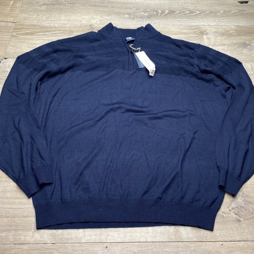Cutter & Buck Mens XXL Merino Wool Blend‎ Navy Blue Quarter Zip Sweater NWT